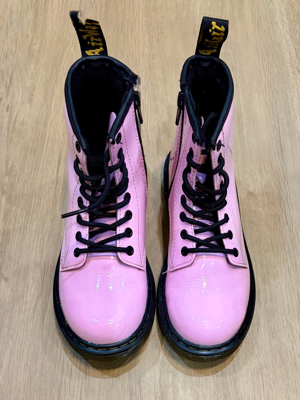 Kid’s Dr. Martens Pink Patent Lace-Up Combat Boots with Black Trim